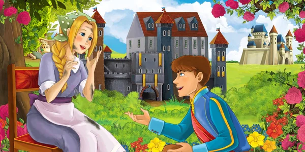 Cartoon nature scene with beautiful castles near the forest with beautiful young girl and prince- illustration for the children