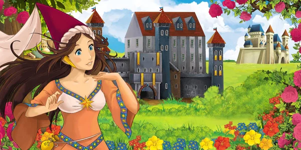 动画片自然场面与美丽的城堡在森林附近与美丽的年轻公主巫师 例证为孩子 — 图库照片