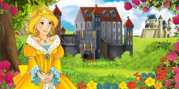 Cartoon Naturszene Mit Schönen Waldschlössern Mit Schöner Junger Prinzessin Illustration — Stockfoto