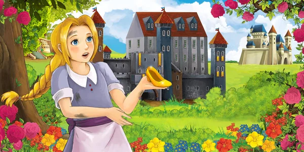 Cartoon Nature Scene Beautiful Castles Forest Beautiful Young Princess Illustration — Stock Photo, Image