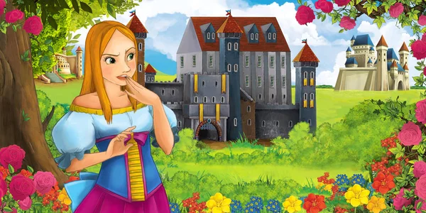 Cartoon Nature Scene Beautiful Castles Forest Beautiful Young Princess Illustration — Stock Photo, Image