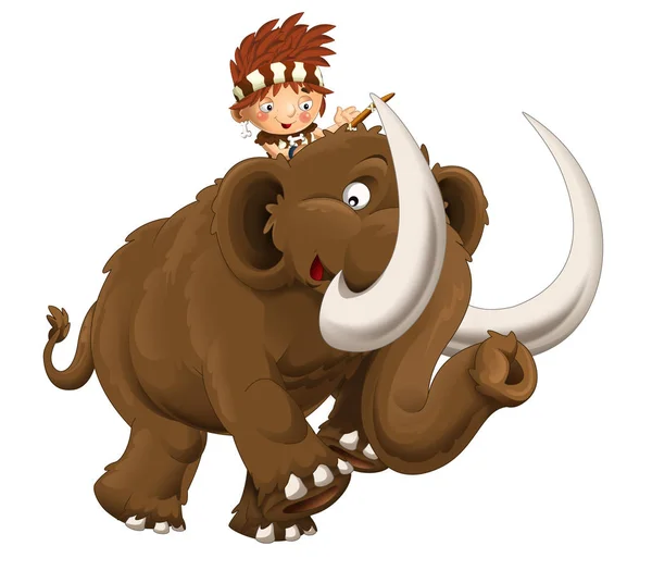 Cartoon Happy Scen Med Caveman Mammut Vit Bakgrund Illustration För — Stockfoto