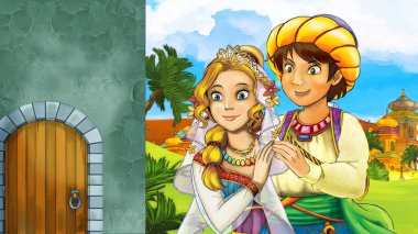 Ortaçağ Arap krallığının prensi ya da kralının seyahat ettiği karikatür sahnesi - uzak doğu süsleri - çocuklar için farklı kullanım sahnesi - illüstrasyon