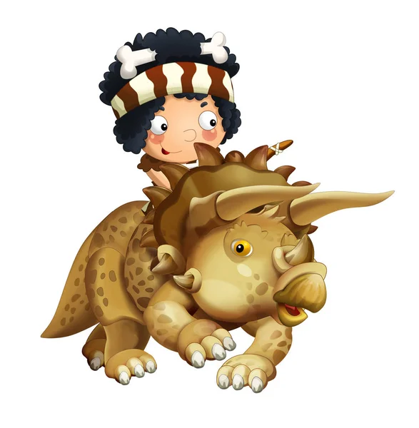 Cartoon Happy Scen Med Caveman Triceratops Vit Bakgrund Illustration För — Stockfoto