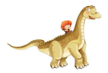 mağara adamı diplodocus beyaz arka planda - çocuklar için illüstrasyon karikatür mutlu sahne