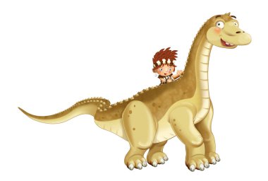 mağara adamı diplodocus beyaz arka planda - çocuklar için illüstrasyon karikatür mutlu sahne