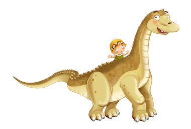 cartoon happy scene with caveman woman on diplodocus on white background - illustration for children clipart