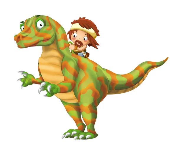 Cartoon Happy Scen Med Grottman Mannen Dinosaurie Velociraptor Vit Bakgrund — Stockfoto
