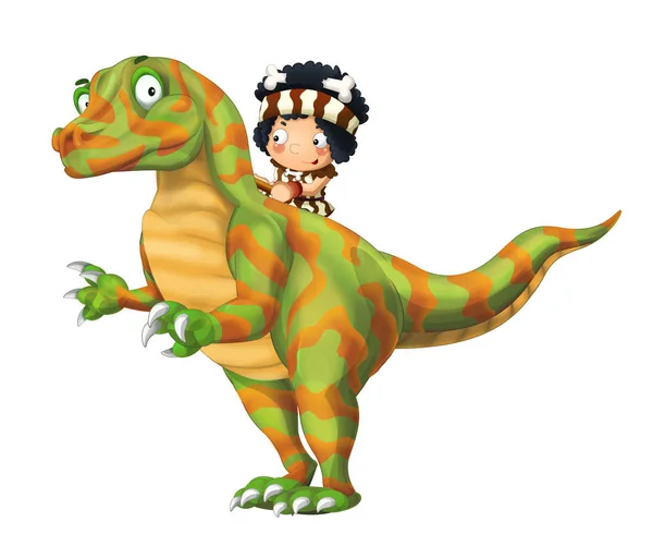 Cartoon Happy Scene Caveman Man Dinosaur Velociraptor White Background Illustration — Stock Photo, Image