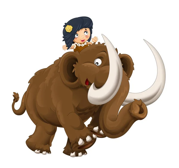 Cartoon Happy Scen Med Grottman Kvinna Mammut Vit Bakgrund Illustration — Stockfoto