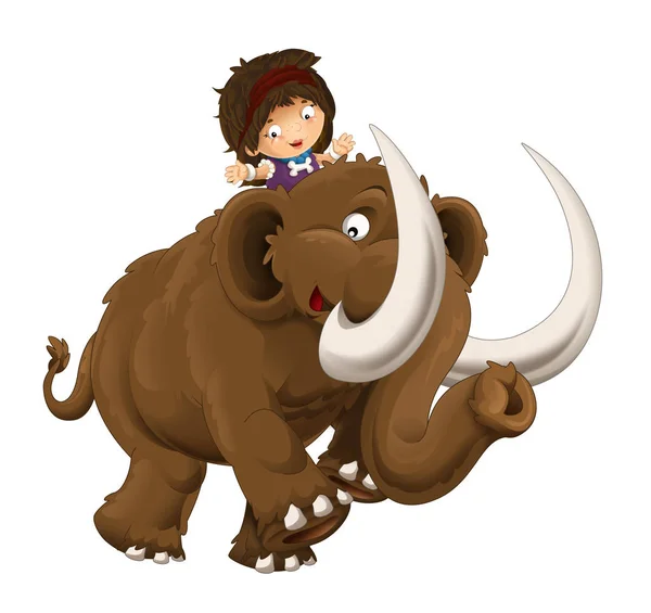cartoon happy scene with caveman woman on mammoth on white background - illustration for children