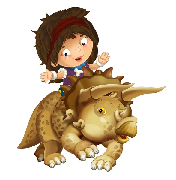 cartoon happy scene with caveman woman on triceratops on white background - illustration for children