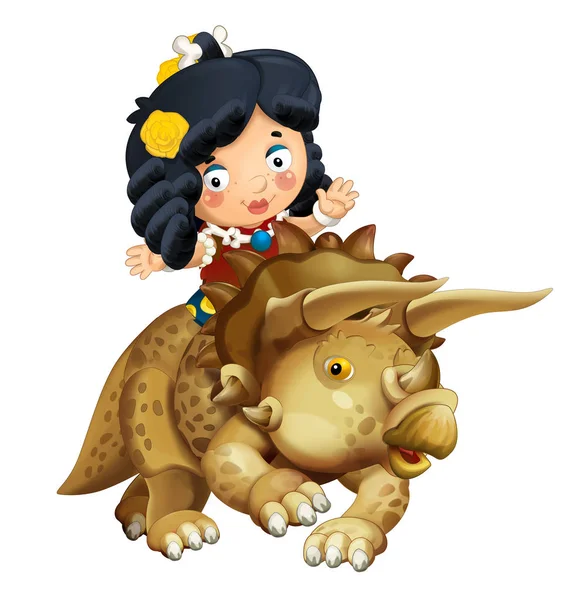 cartoon happy scene with caveman woman on triceratops on white background - illustration for children