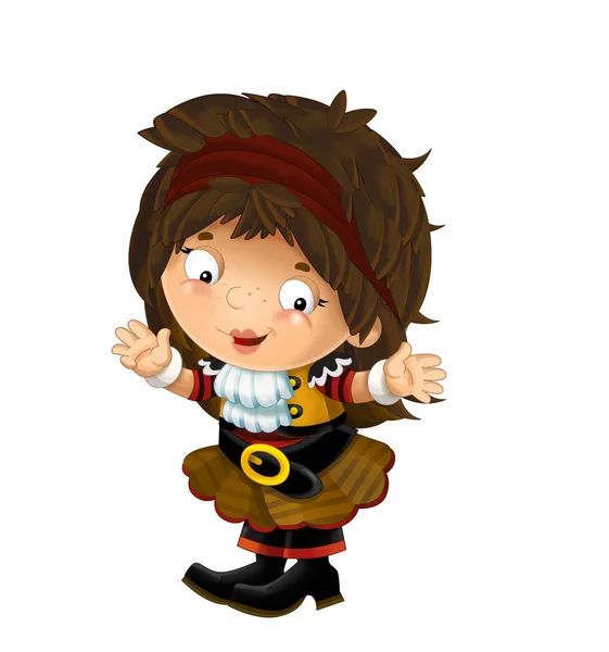 happy smiling cartoon medieval pirate woman standing smiling and looking on white background - illustration for children