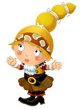 mutlu gülümseyen karikatür Ortaçağ korsan ayakta gülümseyen kadın ve beyaz arka planda - illüstrasyon çocuklar için arıyorsunuz