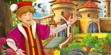 Yakışıklı genç prens - illüstrasyon çocuklar için ormanı yakınındaki güzel kaleleri ile çizgi film doğa manzara