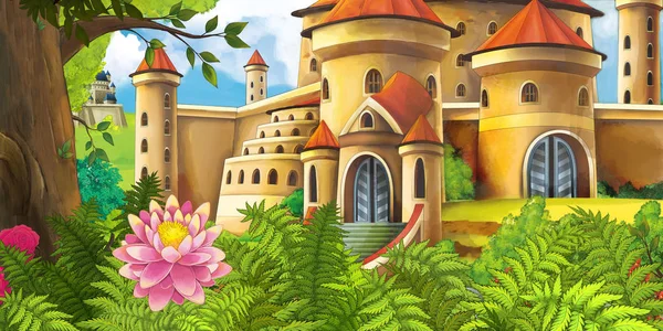 Cena Natureza Dos Desenhos Animados Com Belos Castelos Perto Floresta — Fotografia de Stock