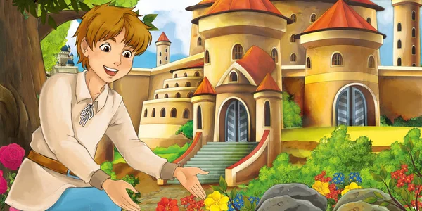 Cartoon Nature Scene Beautiful Castles Forest Handsome Young Boy Illustration — Stock Photo, Image