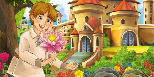 Cartoon Nature Scene Beautiful Castles Forest Handsome Young Boy Illustration — Stock Photo, Image