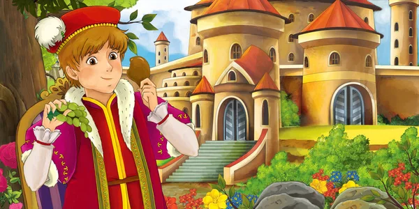 Cartoon Nature Scene Beautiful Castles Forest Handsome Young Prince Illustration — Stock Photo, Image