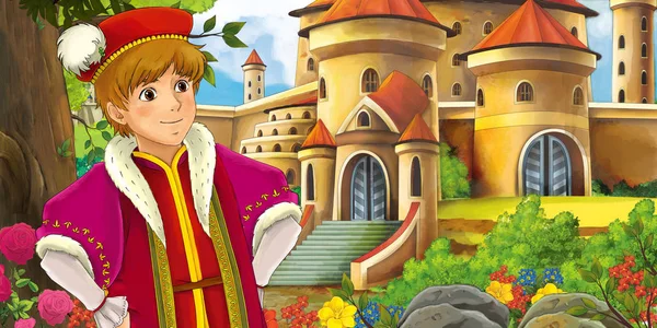 ハンサムな若い王子 子供のための図の森の近くの美しい城と漫画自然シーン — ストック写真