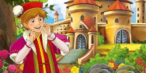 Cartoon Nature Scene Beautiful Castles Forest Handsome Young Prince Illustration — Stock Photo, Image
