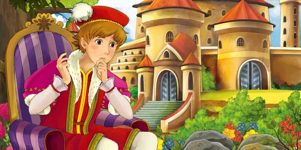 Cartoon Nature Scene Beautiful Castles Forest Handsome Young Prince Illustration — Stock Photo, Image