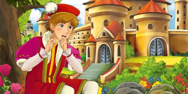 ハンサムな若い王子 子供のための図の森の近くの美しい城と漫画自然シーン — ストック写真
