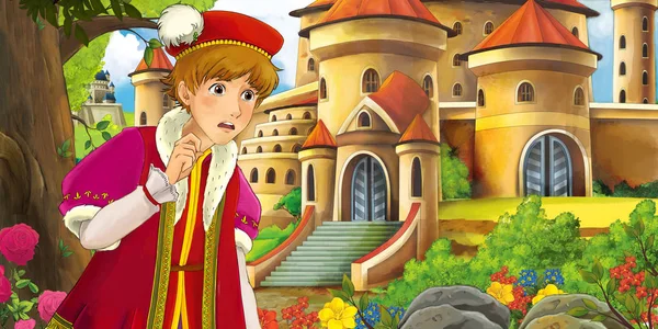 Cartoon Nature Scene Beautiful Castles Forest Handsome Young Prince Illustration — Stock Photo, Image