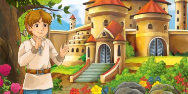 Karikatür doğa sahnesi. Ormanın yakınındaki güzel şatolarda, yakışıklı genç bir çocukla birlikte. Çocuklar için bir resim.