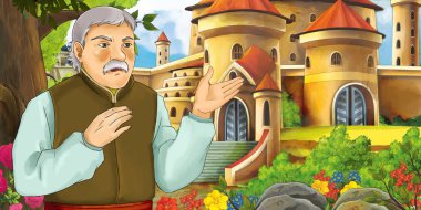 Çizgi film doğa sahne ile çiftçi - illüstrasyon çocuklar için ormanı yakınındaki güzel kaleleri