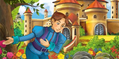 Yakışıklı genç prens - illüstrasyon çocuklar için ormanı yakınındaki güzel kaleleri ile çizgi film doğa manzara