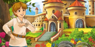 Karikatür doğa sahnesi. Ormanın yakınındaki güzel şatolarda, yakışıklı genç bir çocukla birlikte. Çocuklar için bir resim.