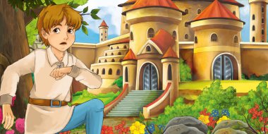 Karikatür doğa sahnesi. Ormanın yakınındaki güzel şatolarda, yakışıklı genç bir çocukla birlikte. Çocuklar için bir resim.