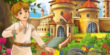 Karikatür doğa sahnesi. Ormanın yakınındaki güzel şatolarda, yakışıklı genç bir çocukla birlikte. Çocuklar için bir resim.