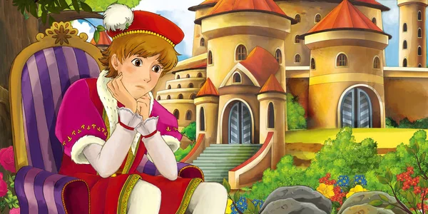 Cartoon Nature Scene Beautiful Castles Forest Handsome Young Prince Illustration — Stock Photo, Image