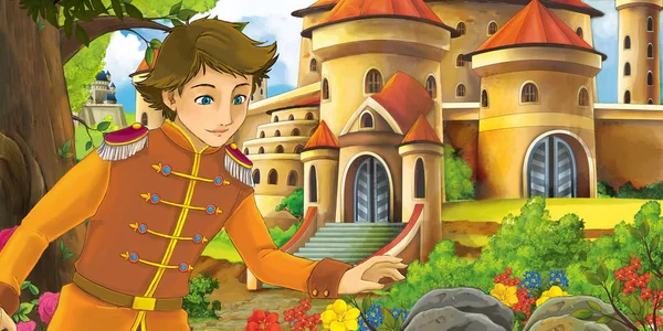 Cartoon Nature Scene Beautiful Castles Forest Handsome Young Prince Illustration — Stock Photo, Image