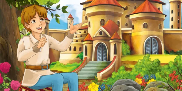 Cartoon Nature Scene Beautiful Castles Forest Handsome Young Boy Illustration — Stock Photo, Image