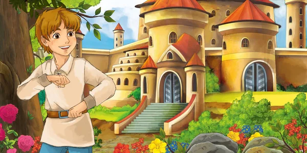 Cartoon Nature Scene Beautiful Castles Forest Handsome Young Boy Illustration — Stock Photo, Image