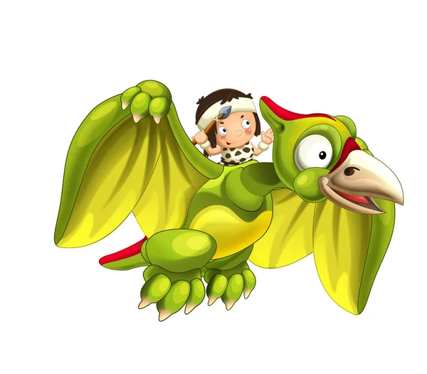 动画片恐龙翼龙和穴居人飞行在他的背上 在白色背景 例证为孩子 — 图库照片