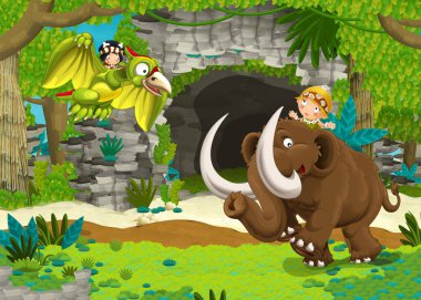 Mağa ra Ada mı mamut orman seyahat ve pterodacyl uçan - illüstrasyon çocuklar için tarih ile karikatür mutlu sahne