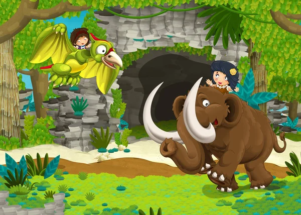 Cartoon Glückliche Szene Mit Höhlenmensch Auf Mammut Dschungel Reisen Und — Stockfoto