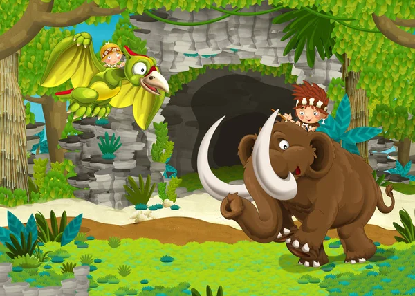 漫画ジャングル旅行と Pterodacyl フライング 子供のための図でマンモスの穴居人の幸せなシーン — ストック写真