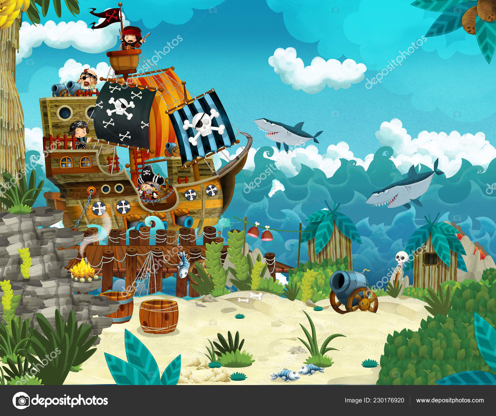Cartoon Illustration Pirates Wild Island Illustration Children Stock