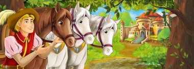 Güzel genç prens ve atlar - illüstrasyon çocuklar için ormanı yakınındaki güzel kale ile çizgi film doğa manzara