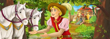 Güzel genç prens ve atlar - illüstrasyon çocuklar için ormanı yakınındaki güzel kale ile çizgi film doğa manzara