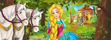 Karikatür doğa sahnesi. Ormanın yakınındaki güzel şato. Güzel genç prenses ve atlar.