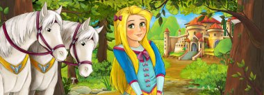 Karikatür doğa sahnesi. Ormanın yakınındaki güzel şato. Güzel genç prenses ve atlar.