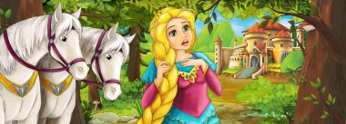 Karikatür doğa sahnesi. Ormanın yakınındaki güzel şato. Güzel genç prenses ve atlar.