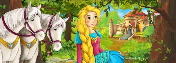 Cartoon Nature Scene Beautiful Castle Forest Beautiful Young Princess Horses — Stock Photo, Image